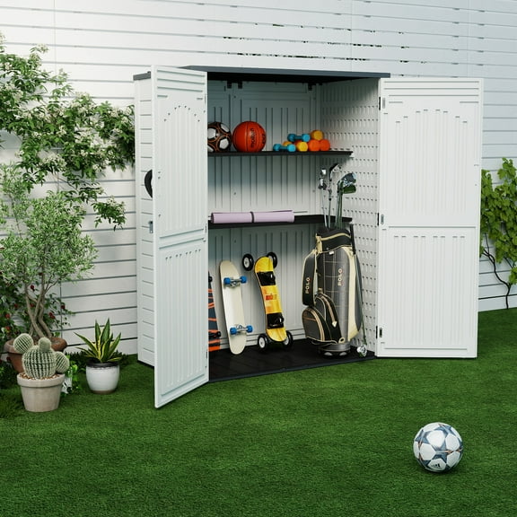 ZYJOYY 60 Cu.Ft Plastic Outdoor Storage Shed with Floor, Waterproof Resin Patio Storage Cabinet with Lockable Doors for Garden Tools & Pool Supplies, Grey