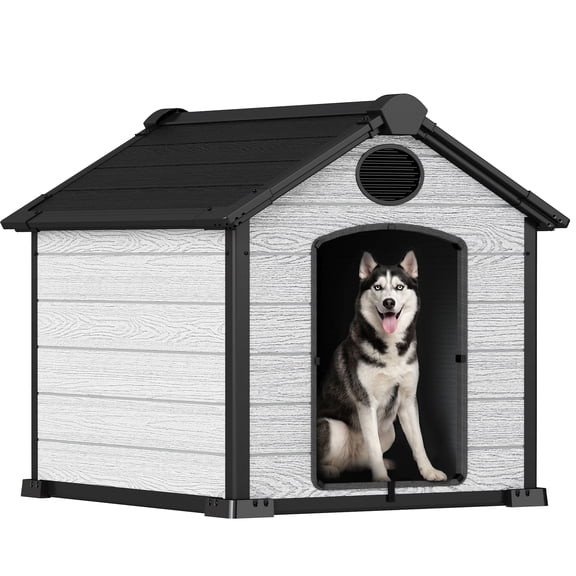 ZYJOYY Dog House Outdoor, Wood-Look Indoor & Outdoor Dog House with Raised Floor & Air Vents, Grey (40"L× 40" × 40")