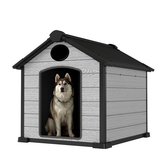 ZYJOYY Outdoor Dog House, 46" Insulated Igloo Style with Elevated Floor, Designed for Large Dogs, Weatherproof Plastic Kennel, Grey
