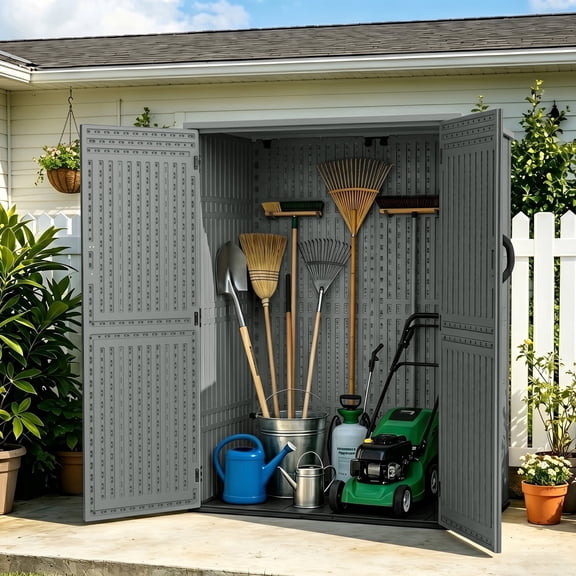 ZYJOYY 60 Cu.Ft Outdoor Resin Storage Shed with Floor & Double Doors, Lockable Waterproof All-Weather Garden Tool Shed for Patio & Backyard, Dark Gray