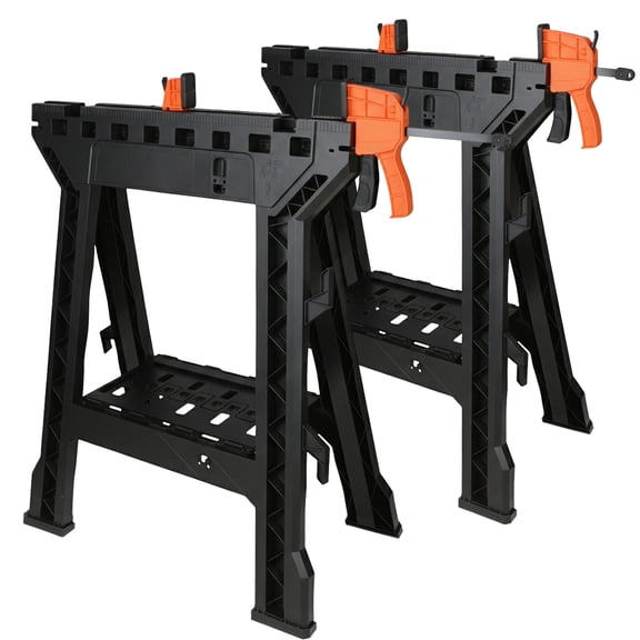 ZYJOYY Saw Horses 2 Pack, 1000 LBS Capacity Heavy Duty Folding Sawhorse with Clamps, Bench Dogs, Tool Tray & Cord Hooks for Woodworking