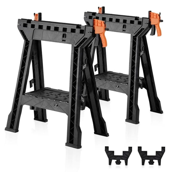 ZYJOYY Saw Horses 2 Pack, 1000 LBS Capacity Heavy Duty Folding Sawhorse with Clamps, Bench Dogs, Tool Tray & Cord Hooks for Woodworking