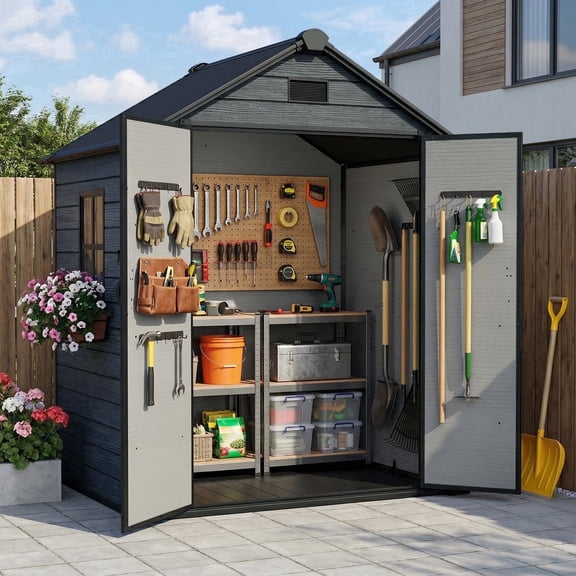 ZYJOYY Resin Outdoor Storage Shed 6' x 4.4', Plastic Storage Shed with Floor & Window for Backyard, Garden Tools, Lawn Mower & Outdoor Storage,Dark Grey
