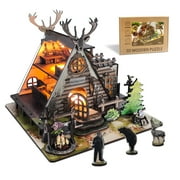 ZYLEGEN Hunting-Cabin Lighting DIY Miniature House Kit Set - Retro Wooden Cabin LED Light 3D Wooden Puzzle Set 129 Pcs for Adults and Teen