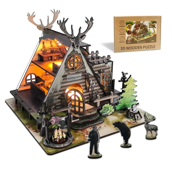 ZYLEGEN Hunting-Cabin Lighting DIY Miniature House Kit Set - Retro Wooden Cabin LED Light 3D Wooden Puzzle Set 129 Pcs for Adults and Teen