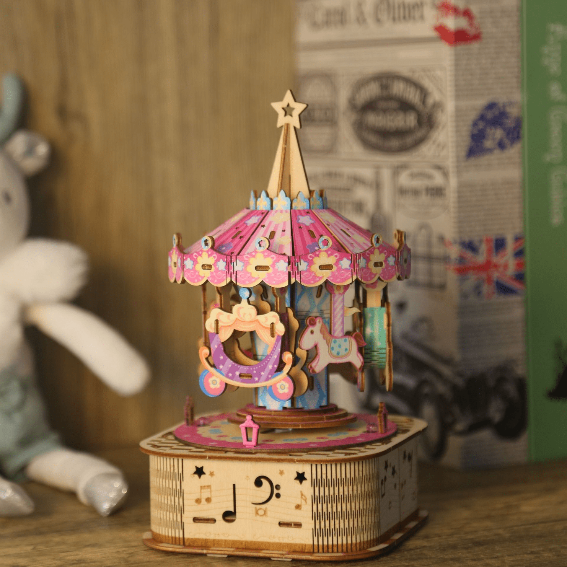 ZYLEGEN LED Carousel Music Box 3D Wooden Puzzles for Adults, DIY LED Model Building Kits with 80pcs, Model Kit for Adults as Home Decor Gift Ideas Men Women Hobbies for Birthday Christmas(W0301P)