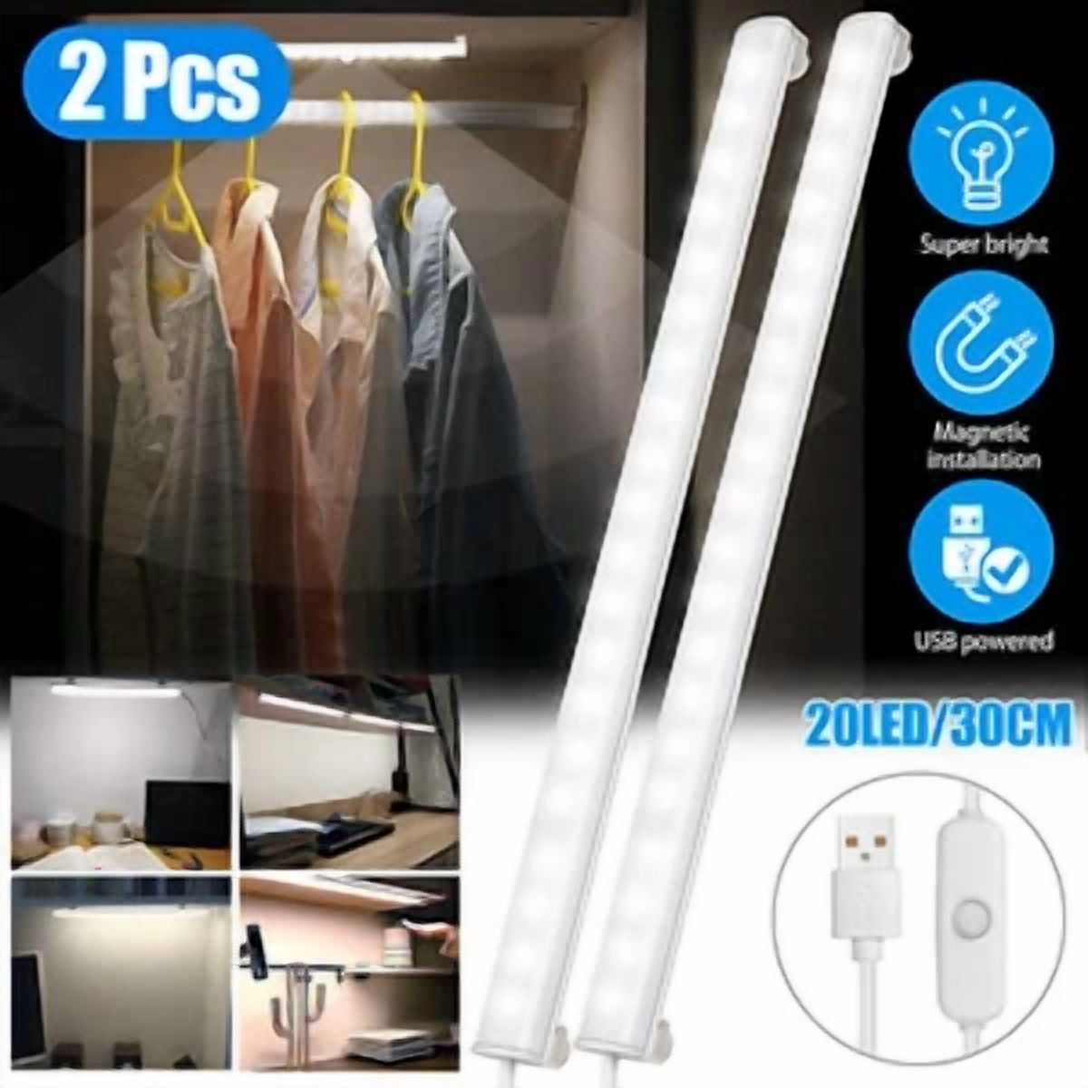 Zyler - 2X Led Kitchen Under Cabinet Closet Shelf Lighting Strip Bar Usb Light Lamp Kit