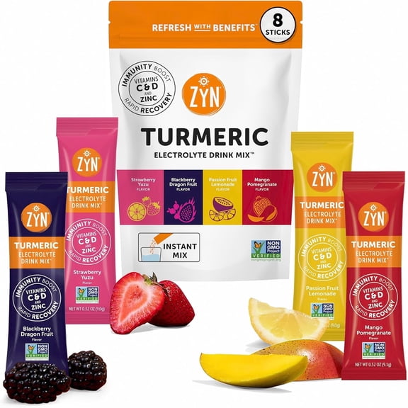 ZYN 3-in-1 Benefits Turmeric Electrolytes Powder Hydration Packets with Vitamins, Zinc & Curcumin Variety, 8 Pack