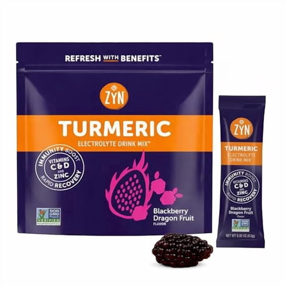 ZYN Electrolyte Drink Mix Hydration Packets, BlackBerry Dragonfruit Electrolytes Powder, Hydration Packets w/Turmeric Curcumin, Vitamin C & D, Zinc, Hydrate & Recover Electrolyte Powder, Pack of 16