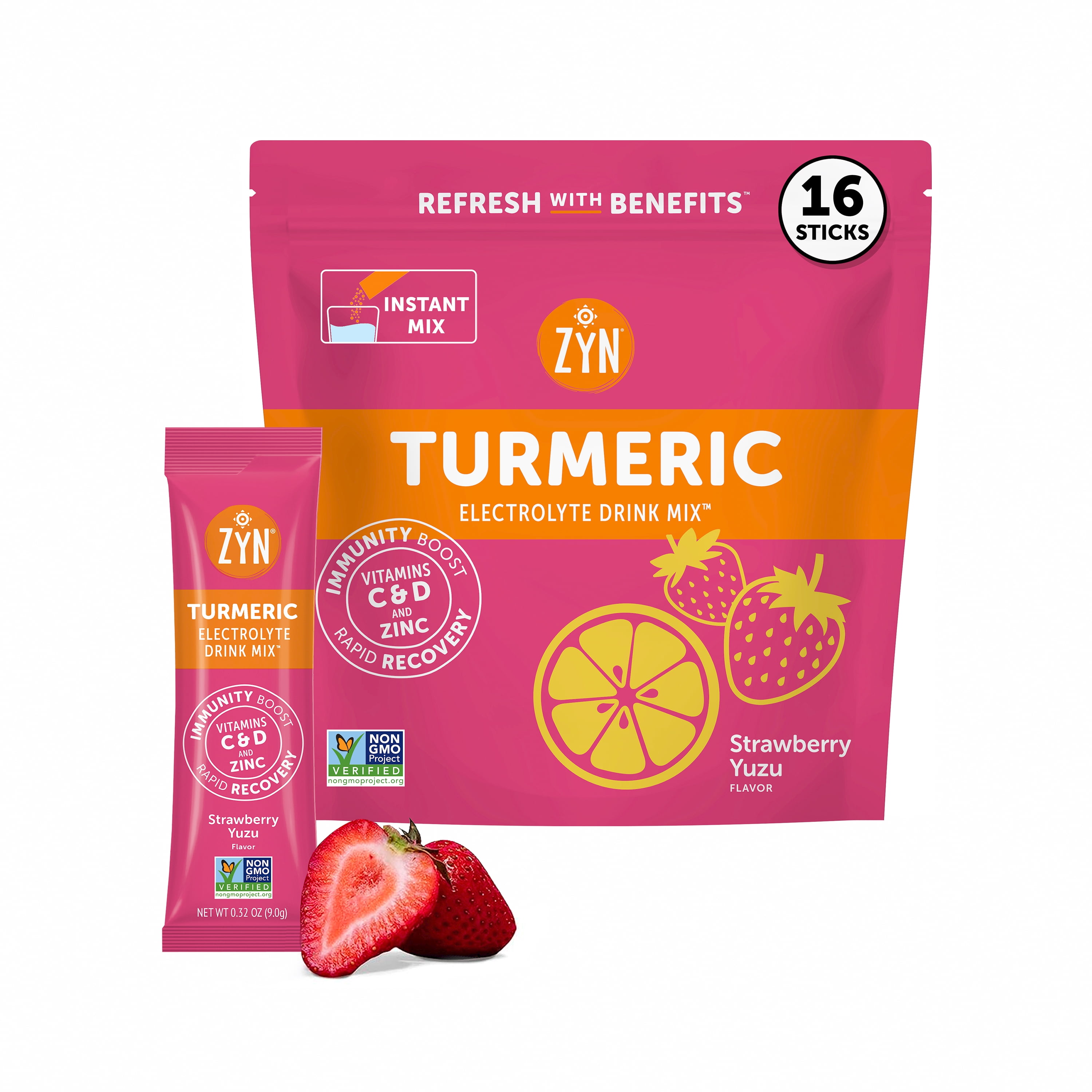 ZYN Electrolyte Drink Mix Hydration Packets, Strawberry Yuzu Electrolytes Powder, Hydration Packets w/Turmeric Curcumin, Vitamin C & D, Zinc, Hydrate & Recover Electrolyte Powder, Pack of 16