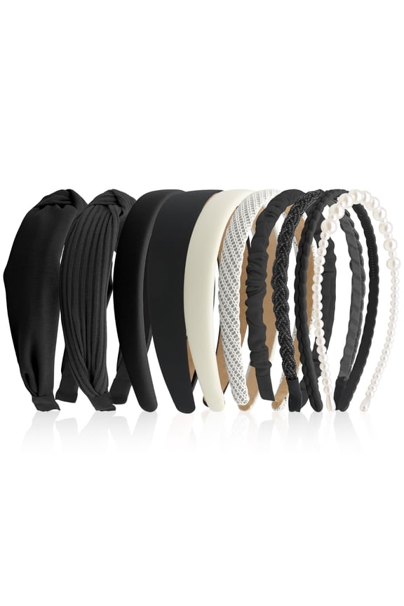 ZYNERY 10 Pack Black and White Headbands for Women, Knotted Padded Pearl Headbands Non-Slip Fashion Hair Accessories Set for Thick Hair, Solid Color Hairbands Multi-style Pack