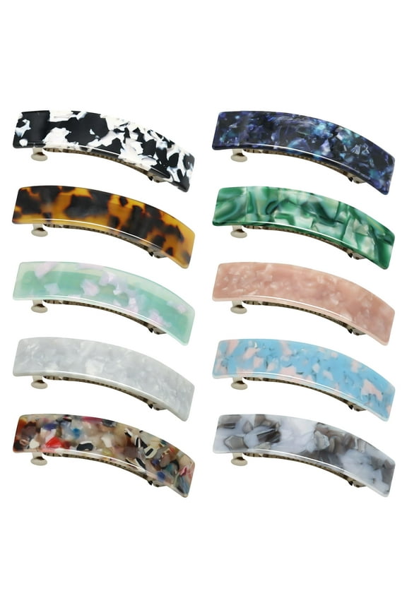 10 Pieces French Elegant Rectangle Hair Barrettes for Women Girls, Acrylic Tortoise Shell Hair Clips for Thick Hair - Automatic Hairpins with Marble Print