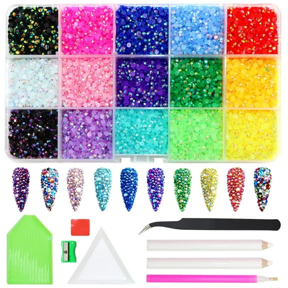 ZYNERY 18000pcs Flatback Rhinestones, 15 Mixed Color Jelly Rhinestones Round Shape Crystals Rhinestones for Crafts Nail Face Art Shoes Diamond Painting with Storage Box/Tweezers/Drill Pen (3mm)