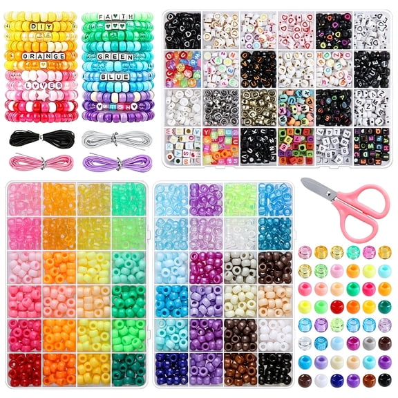 ZYNERY 1860pcs Pony Beads Set, 6x9mm Plastic Craft Beads Bulk with 24 Styles Letter Alphabet Beads, 48 Colors Friendship Bracelet Making Kit with Elastic String and Scissors, DIY Jewelry Making Art
