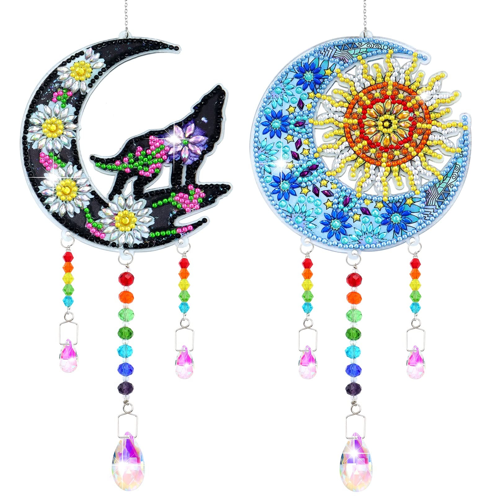 ZYNERY 2 PCS Diamond Painting Wind Chime, Diamond Painting Suncatcher Kit Diamond Art for Adults Kids, Diamond Painting Kits Hanging Pendant for Home Garden Outdoor Decor (Moon Wolf, Moon Sun)