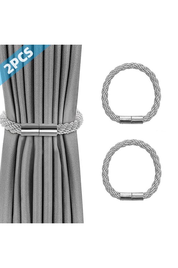 2 Pack Strong Magnetic Curtain Tiebacks Modern Simple Style Drape Tie Backs Convenient Decorative Weave Rope Curtain Holdbacks for Thin or Thick Home & Office Window Draperies (Grey)