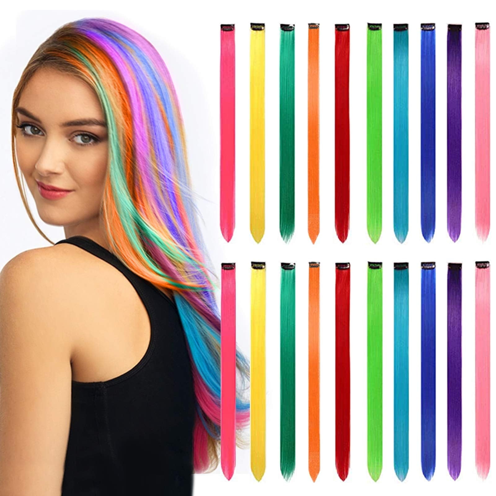 ZYNERY 20 PCS Hair Extensions Straight Long Hairpiece Wig Pieces for Kids Colored Hair Extensions Clip for Girls and Dolls Multi-colors Party Highlights (21.6'') (colored)