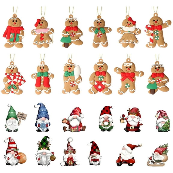 ZYNERY 24-Piece Christmas Tree Ornaments Set - 12 Gingerbread Man & 12 Wooden Santa Claus Hanging Decorations for Xmas Party, Home, Gift