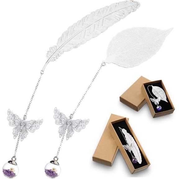 ZYNERY 2PCS Classic Bookmarks, Metal Feather Leaf Bookmark with 3D Butterfly and Glass Bead Eternal Dried Flower Pendant, Gift for Readers Women and Kids