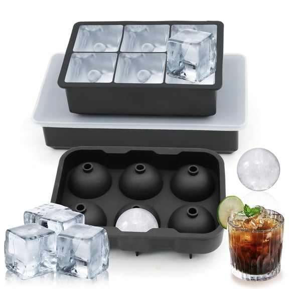 ZYNERY 3-in-1 Large Silicone Ice Cube Trays Set - 6 Sphere + 6 Square + 8 Square Molds with Leakproof Lids, BPA-Free Freezer Containers for Whiskey, Cocktails Juices Food (Black)