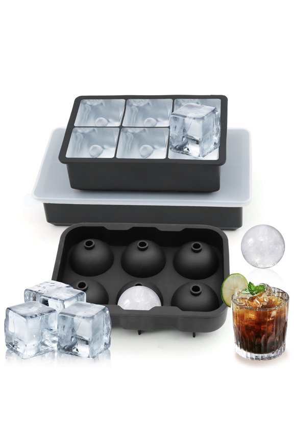 3-in-1 Large Silicone Ice Cube Trays Set - 6 Sphere + 6 Square + 8 Square Molds with Leakproof Lids, BPA-Free Freezer Containers for Whiskey, Cocktails Juices Food (Black)
