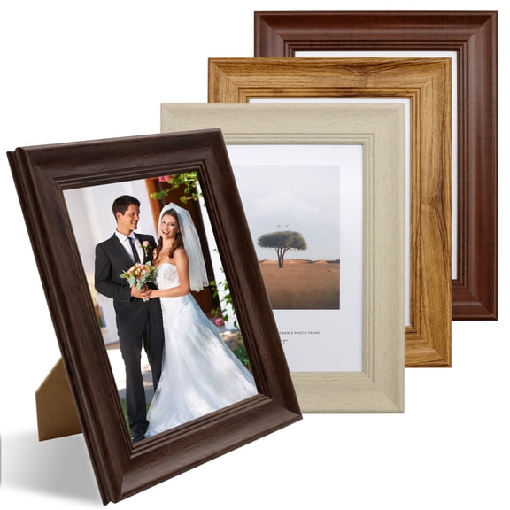 ZYNERY 4-Pack 7x9 Picture Frames Set - Displays 5x7 Photos with Mat or 7x9 Without - Assorted Wood Grain Colors (Oak, Walnut, Mahogany, Burgundy) - Tabletop & Wall Mount Photo Gallery