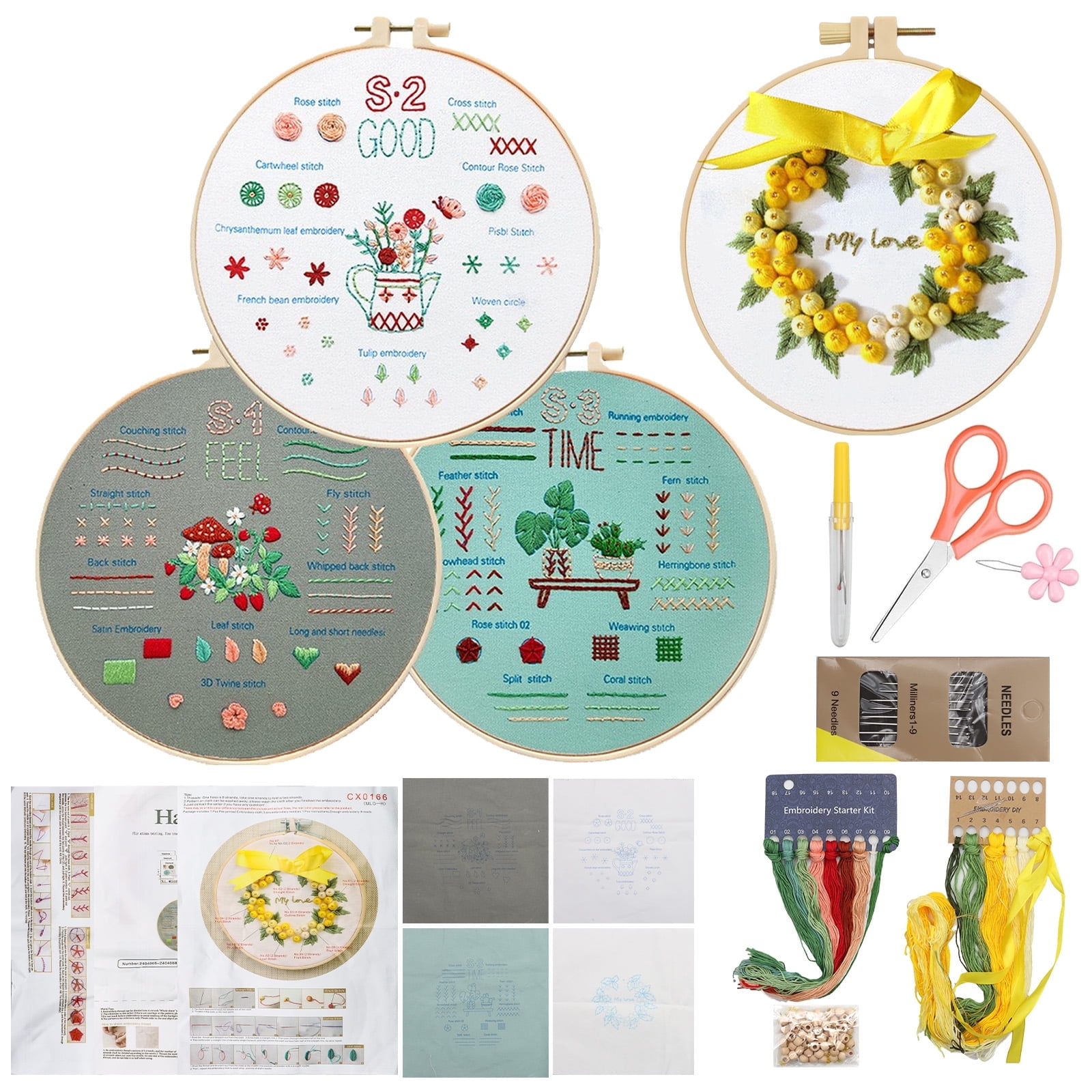 ZYNERY 4-Pack Embroidery Kit for Beginners - Complete Starter Set with 4 Pre-Printed Patterns, Learn 42 Stitches, 2 Hoops, 12 Needles, Threads + 100 Beads & 3D Floral Design - DIY Craft for Adults