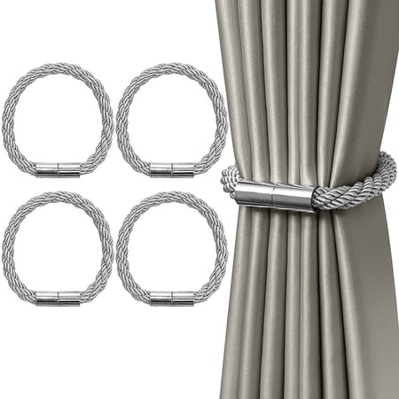 ZYNERY 4 Pack Strong Magnetic Curtain Tiebacks Modern Simple Style Drape Tie Backs Convenient Decorative Weave Rope Curtain Holdbacks for Thin or Thick Home & Office Window Draperies (Grey)