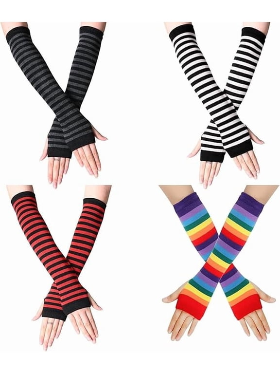 4 Pairs Striped Arm Warmers Fingerless Gloves for Women, Knit Gloves Long Wrist Warmers Autumn Winter Accessories for Women