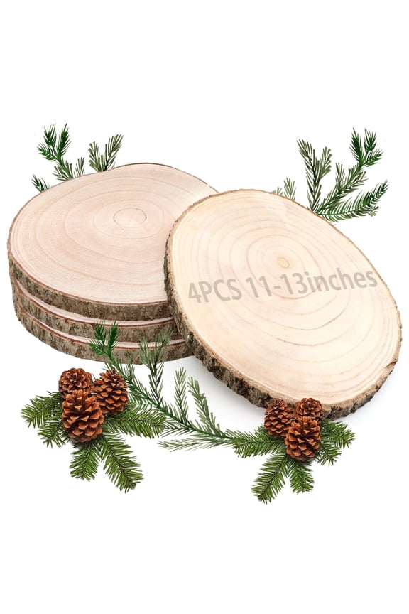 4 Pcs Large Wood Slices 11-13 Inches Unfinished Wood Rounds, Natural Paulownia Wood Slices for Centerpieces, Wood Pieces Decoration with Bark, Wood Circles for Centerpieces for Painting