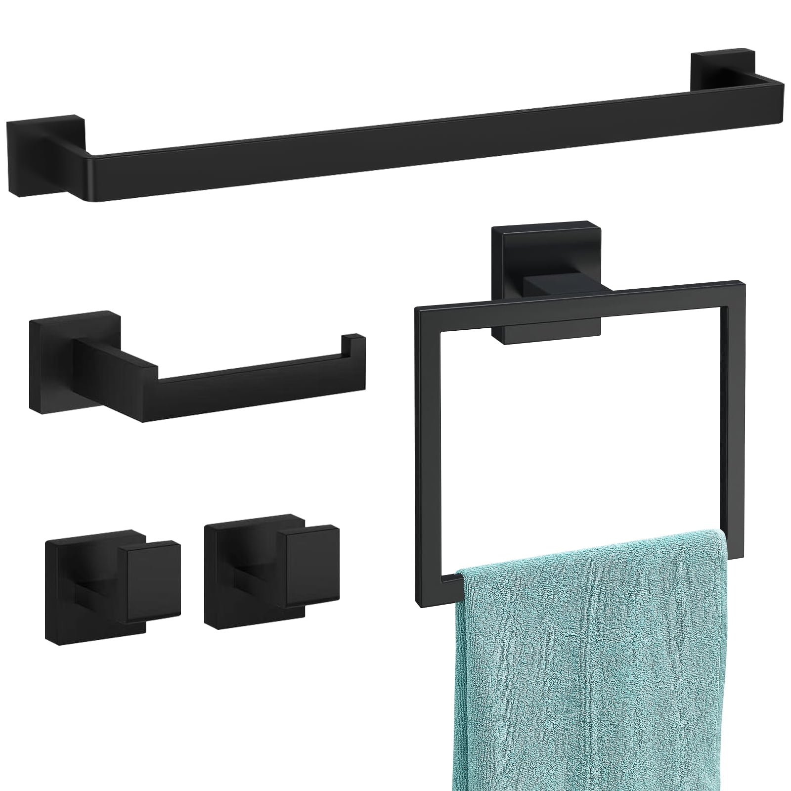 ZYNERY 5 Pcs Matte Black Bathroom Hardware Set, Stainless Steel Bathroom Hardware Set With 12 Screws, Bathroom Wall Mounted for Towel Racks, Towel Ring, Toilet Paper Holder, Bathrobe Hooks (Black)
