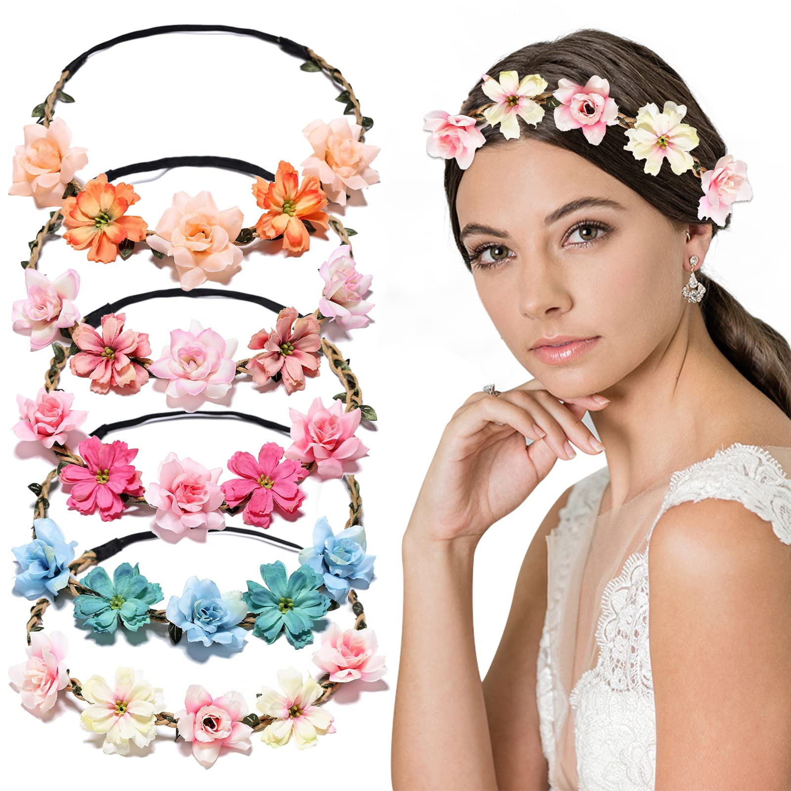 ZYNERY 5PCS Flower Crown Headbands Flower Headbands for Women Girls, Multicolour Flower Hair Wreath Floral Headpieces Festival Hair Accessories for Wedding Party Festival