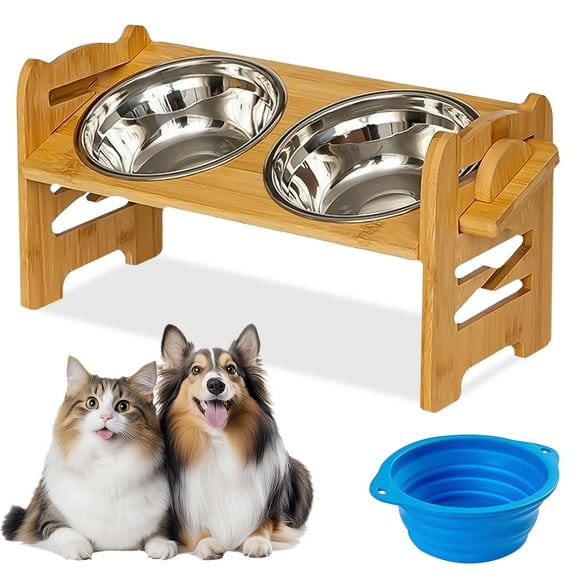 ZYNERY 6 Heights Adjustable Elevated Dog Cat Bowl Stand, 15Tilt Elevation with 2 Stainless Steel Bowls 1 Folding Bowl and Non-Slip Feet (Adjusts to Heights 2.4"-6.9")