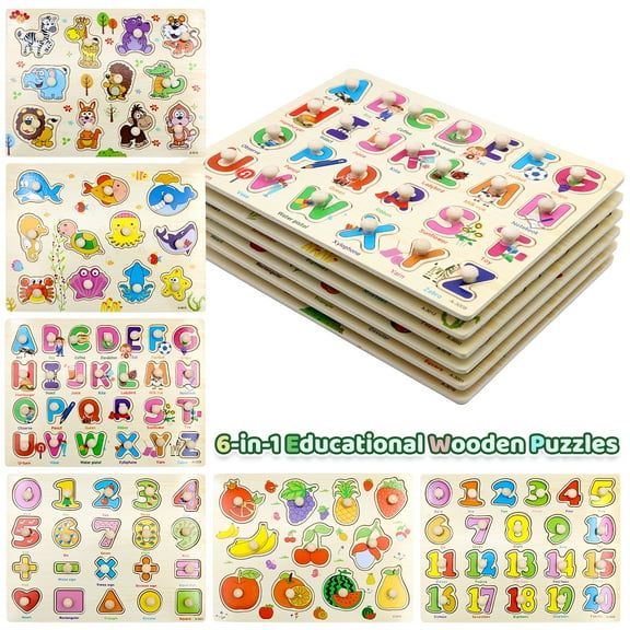 ZYNERY 6-Pack Wooden Peg Learning Puzzles for Toddlers 12x9 inch - Educational Toys with Animals, Ocean, Fruits, Numbers, Math & Alphabet - Preschool Activities, Travel & Home Play, Gifts