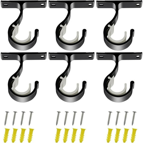 ZYNERY 6 Pcs Curtain Pole Brackets Black Curtain Rail Brackets for 25mm-28mm Curtain Pole, Black Curtain Brackets for Poles Heavy Duty Curtain Pole Holder with Screws for Curtain Window Wall Ceiling
