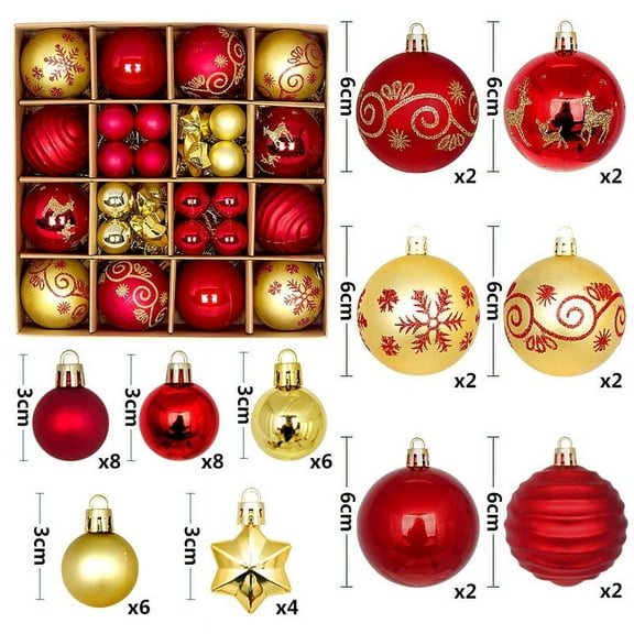 ZYNERY Christmas Balls Ornaments 44Pcs for Xmas Christmas Tree Theme Assorted Shatterproof Christmas Haning Ball Ornament Set Decorations for Xmas Tree, Holiday, Wedding,Festive Party (Red Gold)