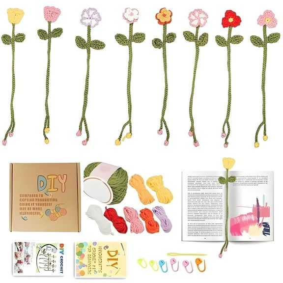 ZYNERY Crochet Kit for Beginners - 8 Flower Bookmarks Knitting Kit, Step-by-Step Tutorials & Soft Yarn, Ergonomic Crochet Hook - Wobbles DIY Art Craft Kit for Adults, Birthday Gifts for Adults Teens