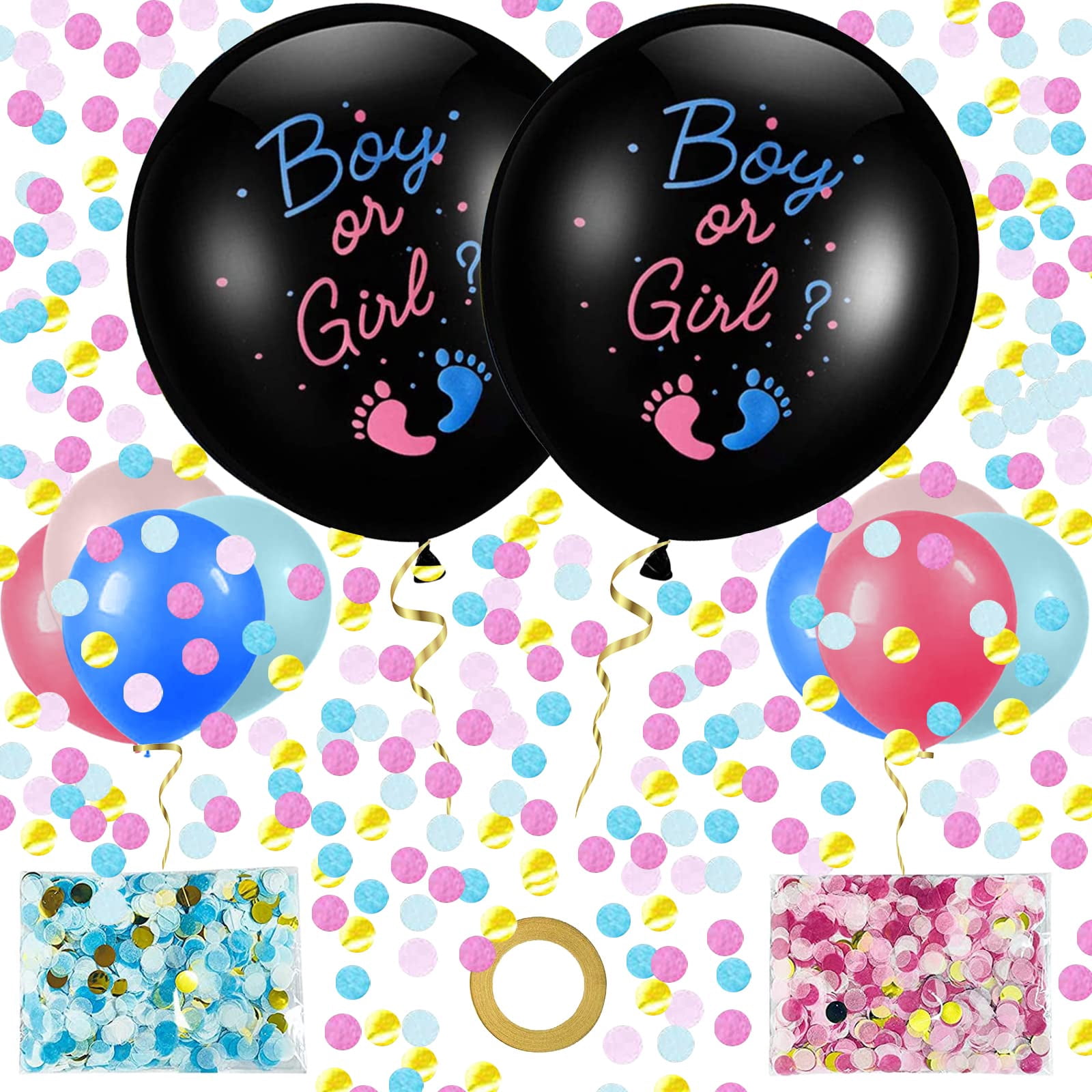 ZYNERY Gender Reveal Balloons, 2pcs 36 inch Large Baby Boy or Girl Balloons with Pink Blue Confetti, Little Colourful Decoration Balloons & Gold Ribbon for Baby Shower Gender Reveal Party