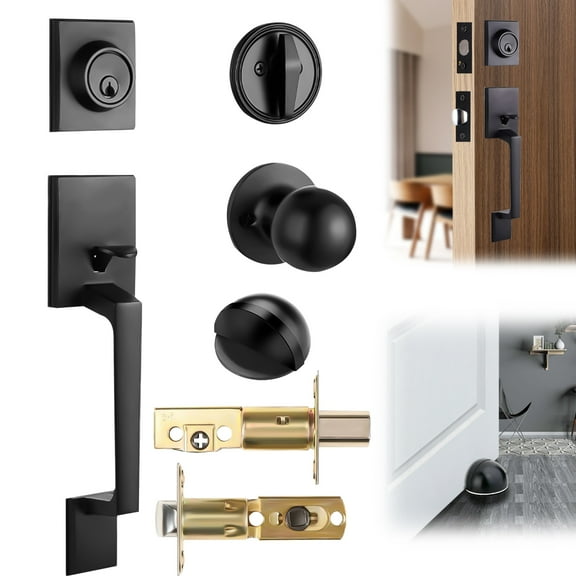 ZYNERY Matte Black Front Door Handle and Deadbolt Set of 6, with Reversible Knob Handle and Anti-collision Door Stop, Modern Front Door Hardware Lock Set, Universal Handle Reversible for Right & Left
