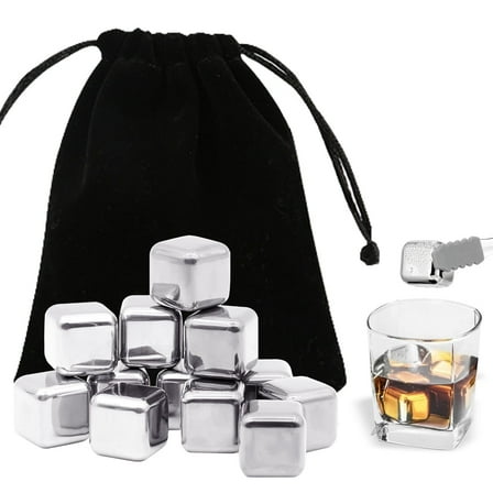ZYNERY Whiskey Stones Set, 12 Count Stainless Steel Cocktail Chilling Stones with Tong, Tray, and Bag