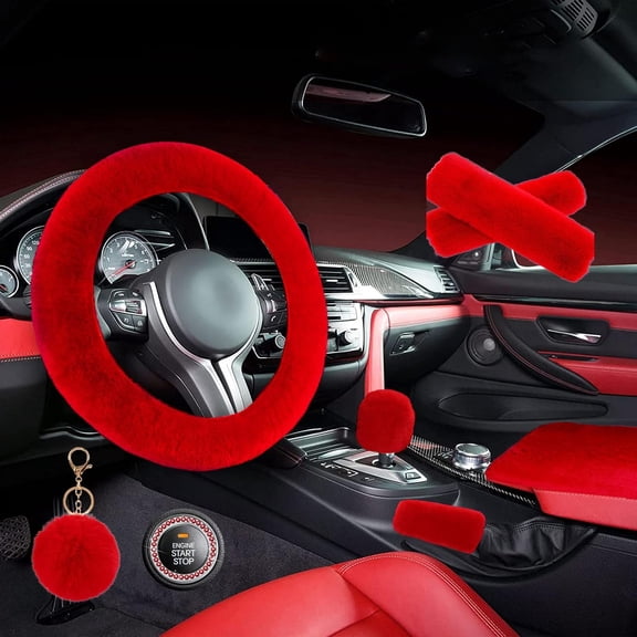 ZYNQACC 1 Set 8 Pieces Fluffy Steering Wheel Cover Set,Warm Soft Fuzzy Steering Wheel Covers for Women/Girls,Universal 15 Inches Girls Car Accessories (Red)