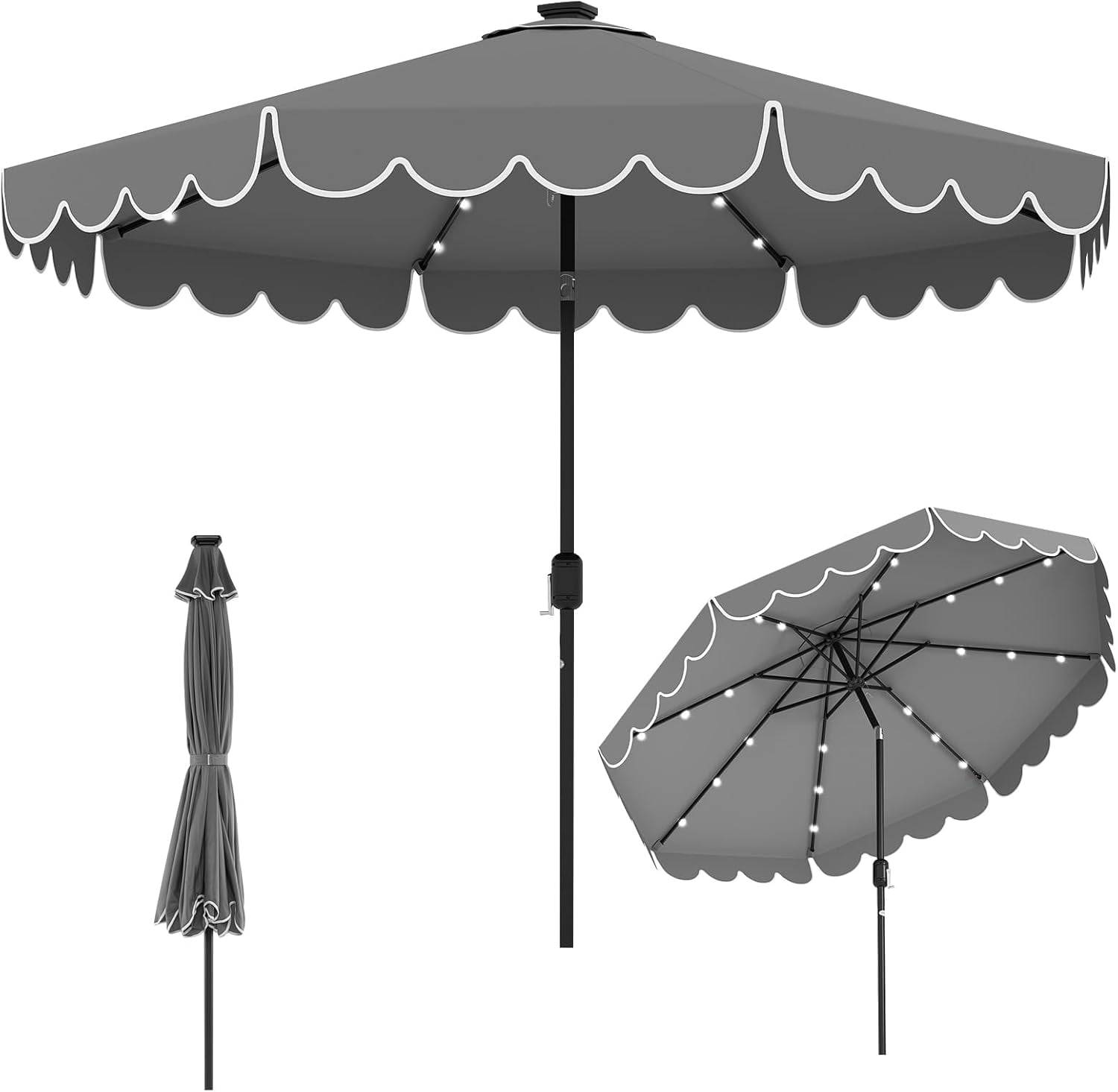 ZYPPP 10FT Solar LED Patio Umbrella, 2-Tiers Scalloped Outdoor Table Market Umbrella with 24 LED Lights, Vented Top, Tilt Adjustment, Crank, 8 Ribs for Backyard Poolside Deck Beach Lawn (Gray)