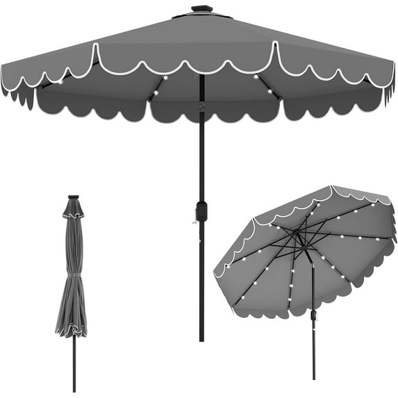ZYPPP 10FT Solar LED Patio Umbrella, 2-Tiers Scalloped Outdoor Table Market Umbrella with 24 LED Lights, Vented Top, Tilt Adjustment, Crank, 8 Ribs for Backyard Poolside Deck Beach Lawn (Gray)