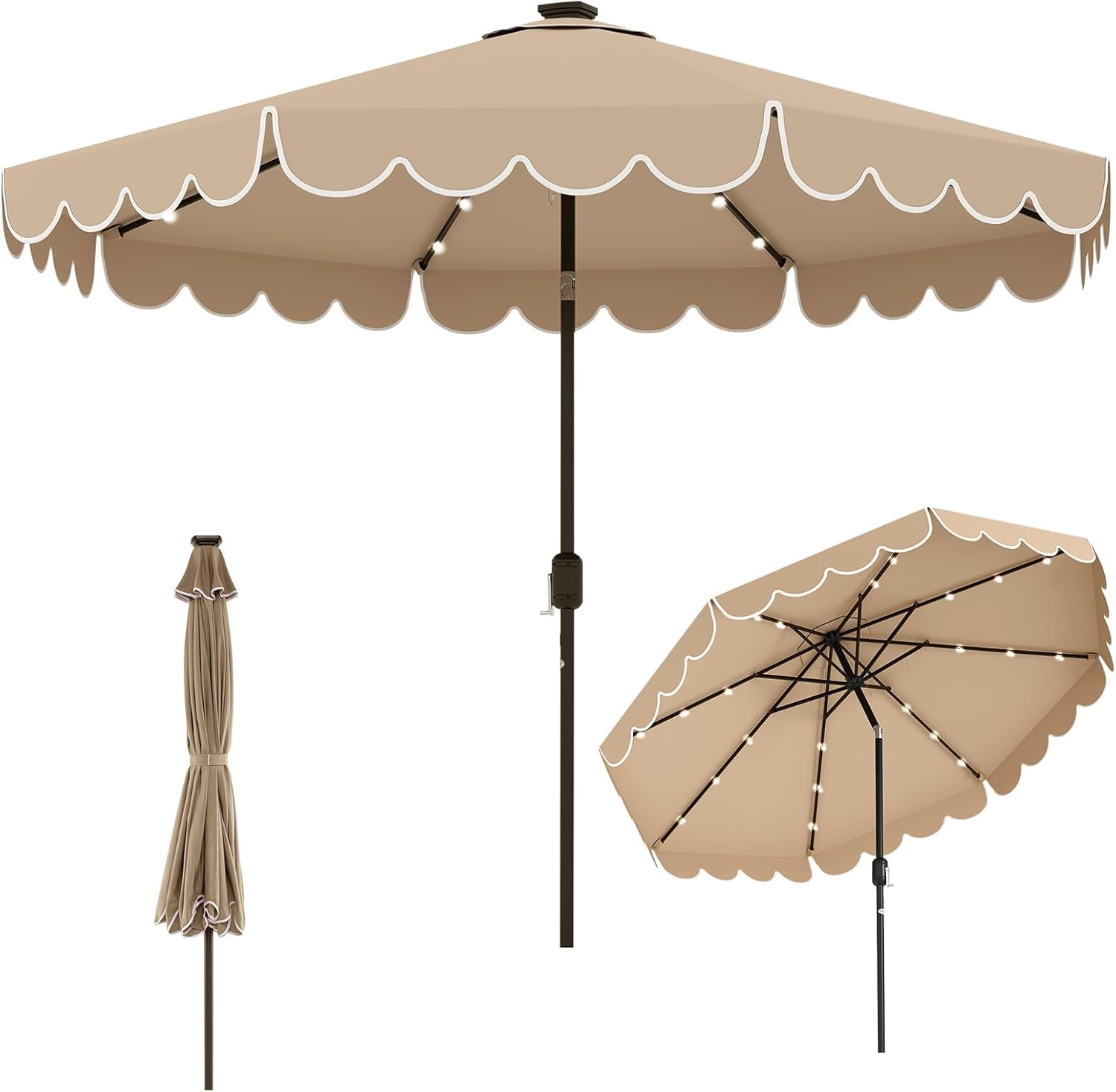 ZYPPP 10FT Solar LED Patio Umbrella, 2-Tiers Scalloped Outdoor Table Market Umbrella with 24 LED Lights, Vented Top, Tilt Adjustment, Crank, 8 Ribs for Backyard Poolside Deck Beach Lawn (Coffee)