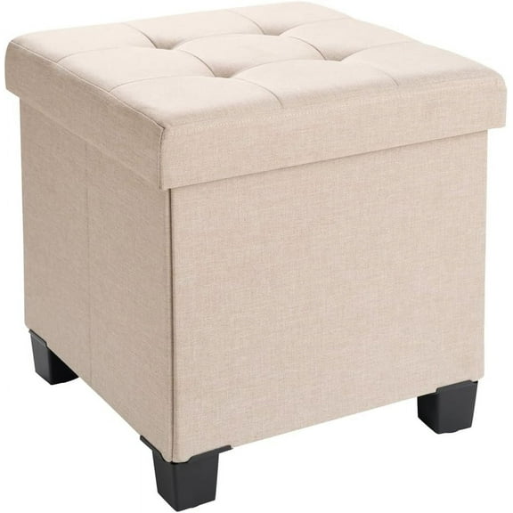 ZYPPP 15 Inch Folding Storage Ottoman with Storage, Square Cube Linen Small Storage Ottoman Foot Rest Stool with Legs - Beige