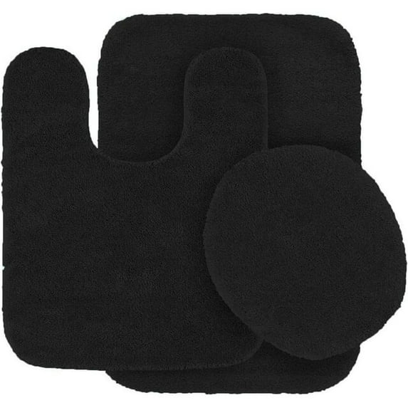 ZYPPP 3-Piece Solid Bathroom Bath Mat Set – Plush Contour Rug with Toilet Lid Cover, Non-Slip Absorbent Bath Rugs for Bathroom Floor, Soft Cozy Mats for Tub/Shower Area, Machine-Washable,BLACK
