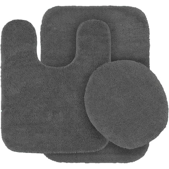 ZYPPP 3-Piece Solid Bathroom Bath Mat Set – Plush Contour Rug with Toilet Lid Cover, Non-Slip Absorbent Bath Rugs for Bathroom Floor, Soft Cozy Mats for Tub/Shower Area, Machine-Washable，CHARCOAL