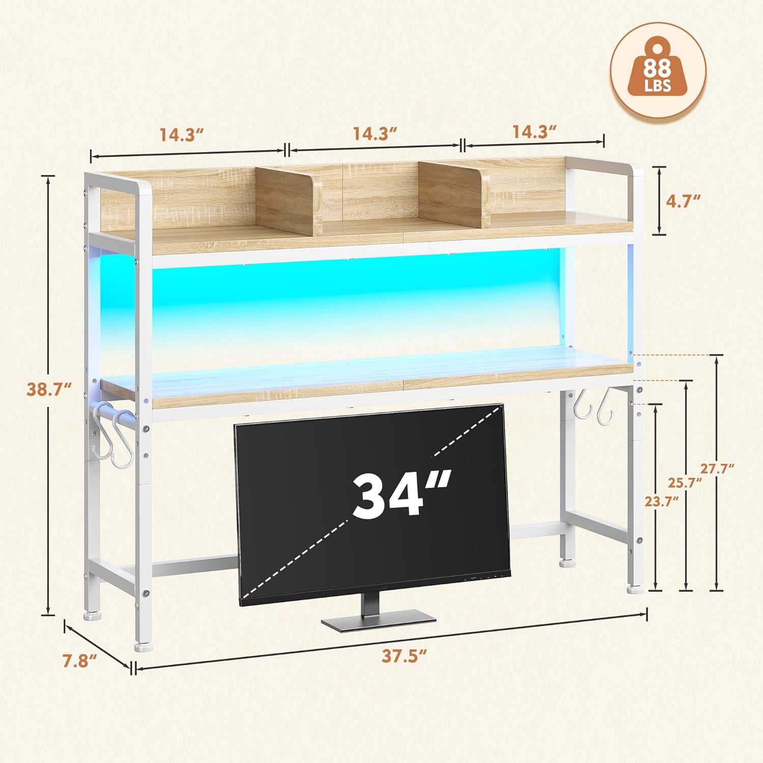 ZYPPP 35.5" Desk Shelf，2-Tier Adjustable Multipurpose Solid Wood Desktop Hutch Shelf，Countertop Storage Organizer Rack with 3 Desktop Display Rack for Dorm,Office Home,White