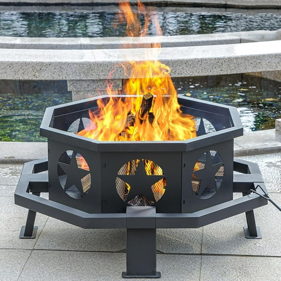 ZYPPP 35 inch Fire Pit for Outside, Heavy Duty Wood Burning Fire Pits,Outdoor Fireplace Octagonal Firepit for Camping, Backyard, Patio
