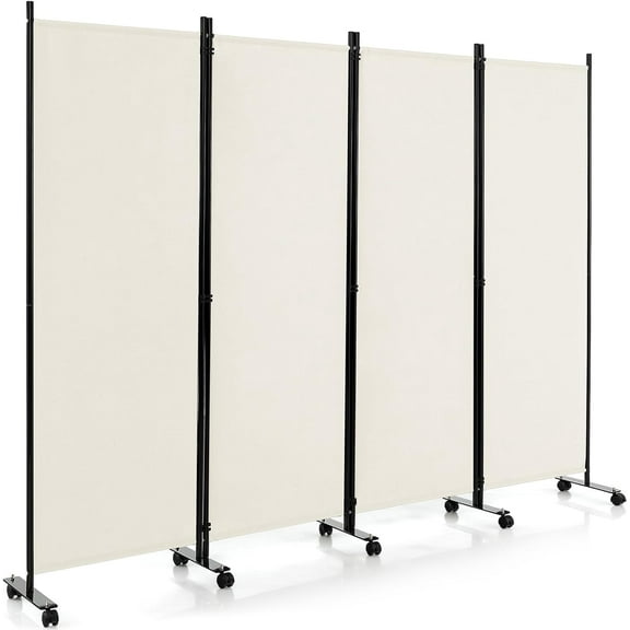 ZYPPP 4 Panel Room Divider, Folding Privacy Screen with Lockable Wheels, Rolling Partition Room Dividers, Freestanding Fabric Wall Divider for Home Office Studio Separation, 89''W x 68''H, Beige